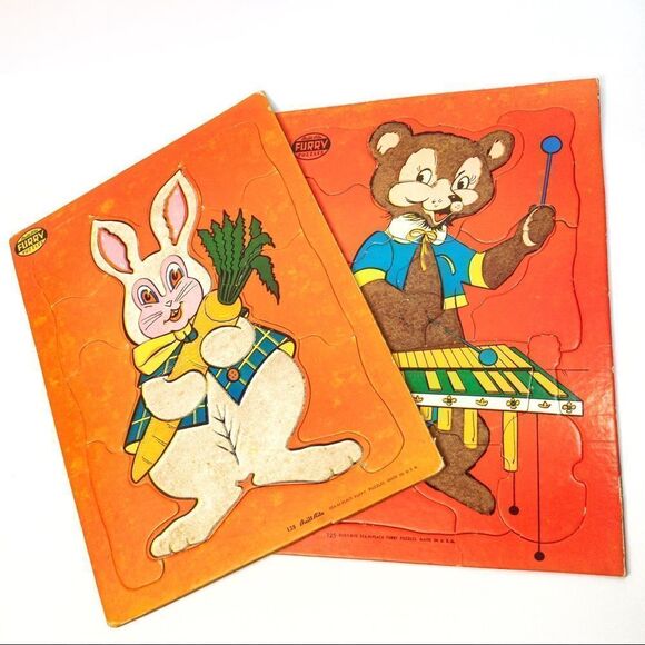 2 Built Rite Fuzzy, Furry Puzzles - Bunny/Bear, 1950’s Vintage - Picture 1 of 13